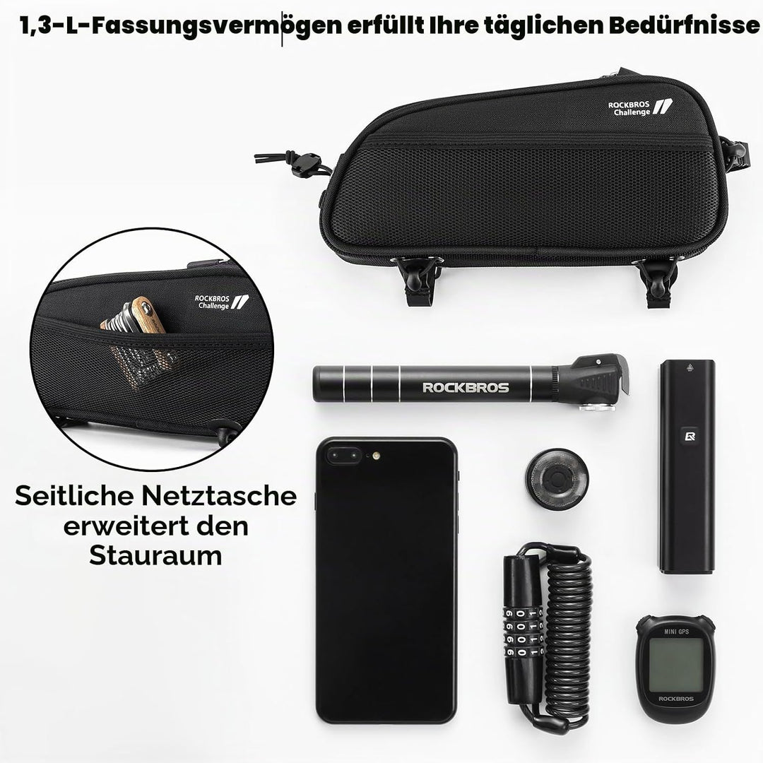 ROCKBROS Fahrrad Rahmentasche Oberrohrtasche mit Kabelöffnung, Schlankes Beinschonendes Design Top T