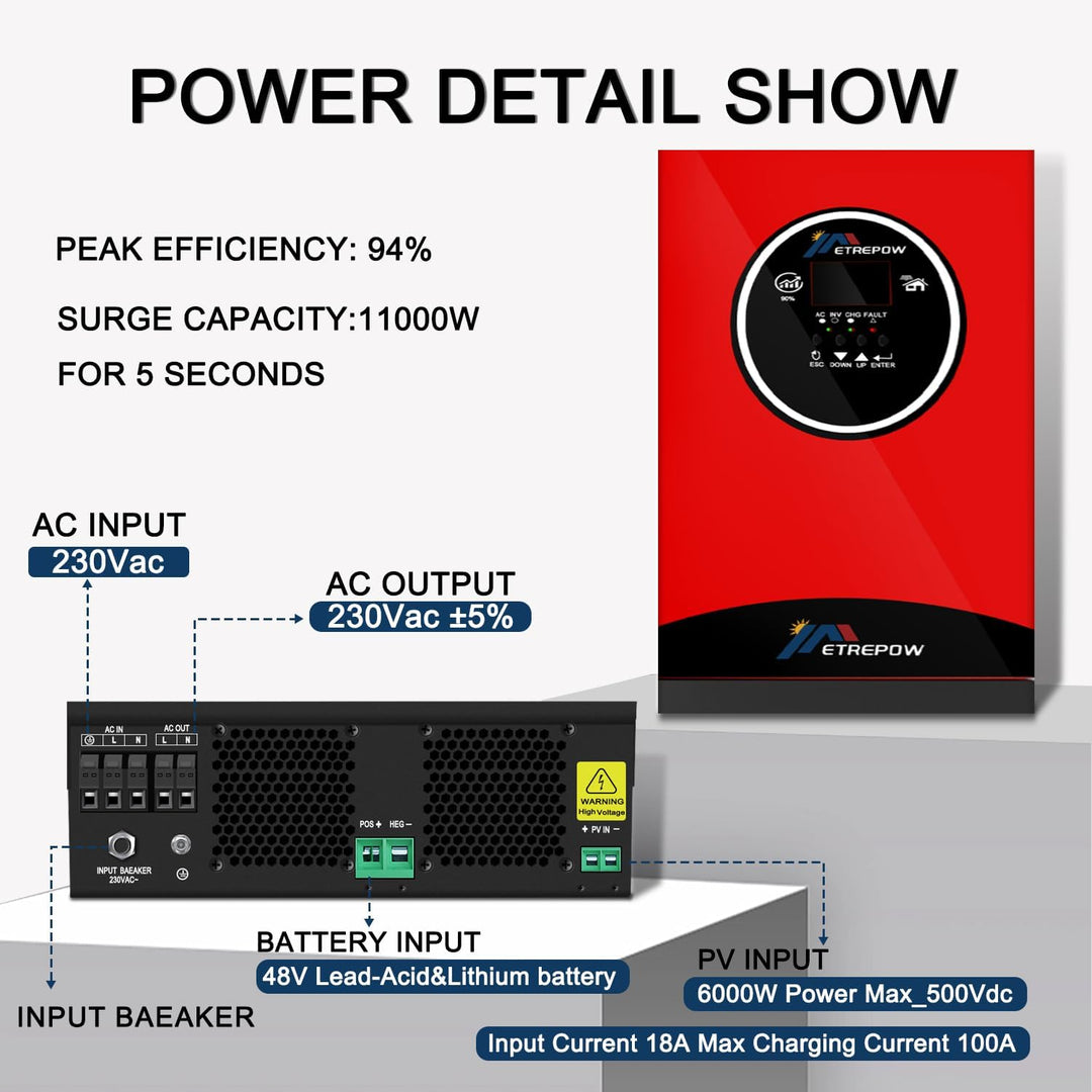 ETREPOW 5500W Hybrid Wechselrichter 48V DC auf 230V AC Reiner Sinus Solar Off Grid Wechselrichter mi