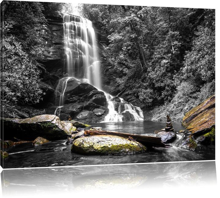 schöner Wasserfall mit Steinturm schwarz/weiss Format: 100x70 auf Leinwand, XXL riesige Bilder ferti