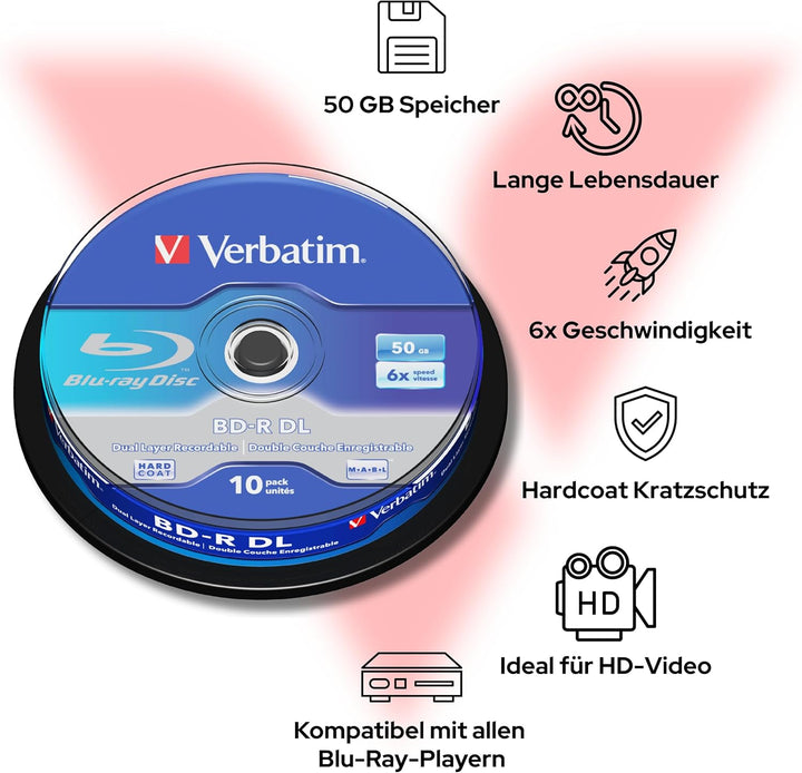 Verbatim BD-R Dual Layer Blu-ray Rohlinge 50 GB, Blu-ray-Disc mit 6-facher Schreibgeschwindigkeit, m