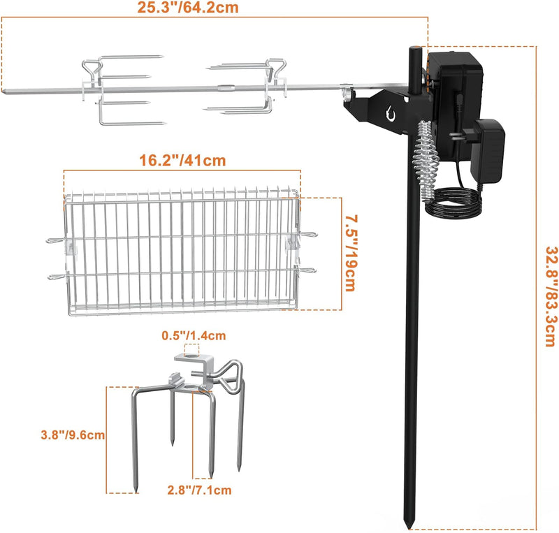 Onlyfire Grillspiess Set für Camping | Elektrische Rotisserie, mit Drehspiesskorb, Spiessgabeln, Bat