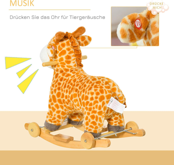 HOMCOM 2-IN-1 Schaukelpferd mit Räder Plüsch Schaukeltier Babyschaukel Spielzeug Gelb 63 x 38 x 63 c