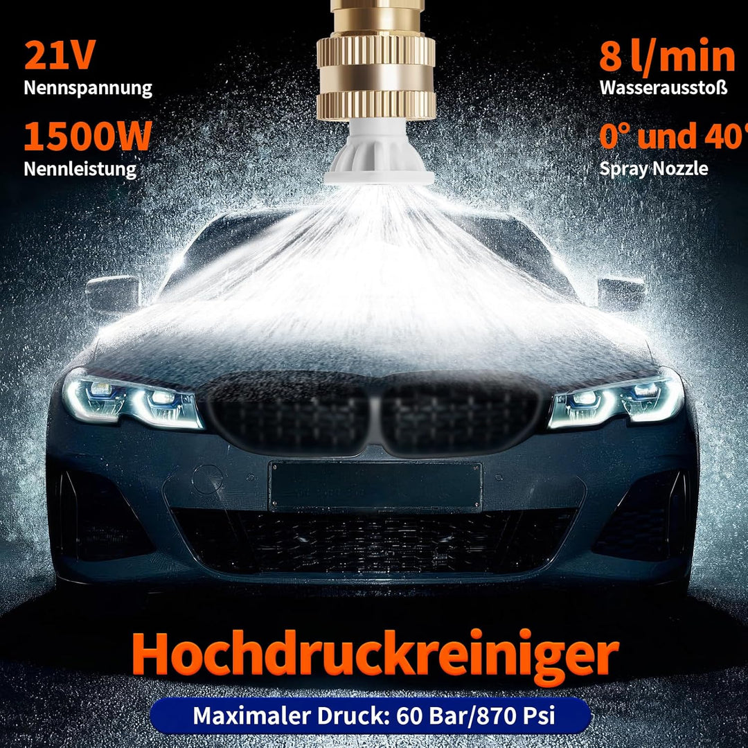 Akku Hochdruckreiniger, 21V 60Bar Mobile Akku-Hochdruckreiniger mit 2 Akkus, 3-in-1 Düse, 5m Schlauc