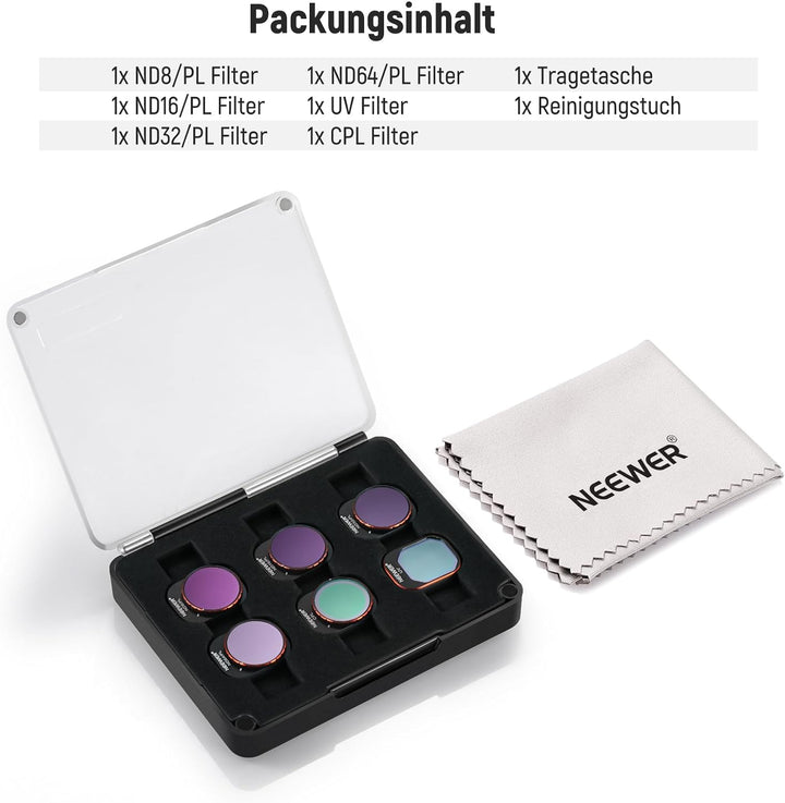 NEEWER ND/PL Filter Set Kompatibel mit DJI Mini 4 Pro, 6Stk UV CPL ND8/PL ND16/PL ND32/PL ND64/PL Po