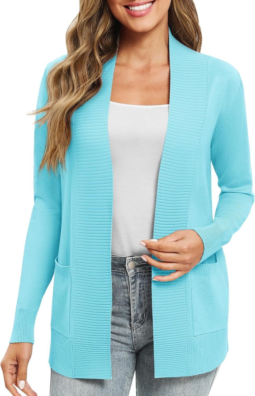 EXCHIC Leicht Damen Lange Ärmel V-Ausschnitt Lange Gestrickt Cardigan Gemütlich Offene Front Strickj
