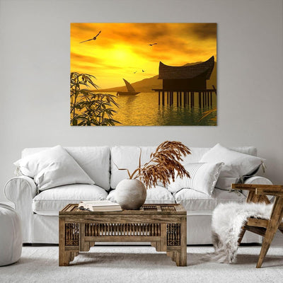 ARTTOR Bilder auf Leinwand 100x70cm Leinwandbild Asien Berg Meer Felsen Gross Wanddeko Bild Schlafzi