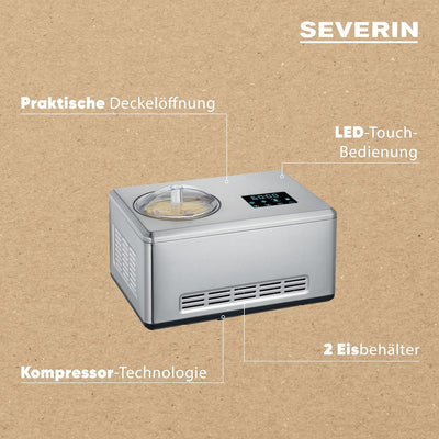 SEVERIN 2-in-1 Eismaschine mit Joghurtfunktion, Kompressor Ice Cream Maker für Eis, Sorbet und Froze