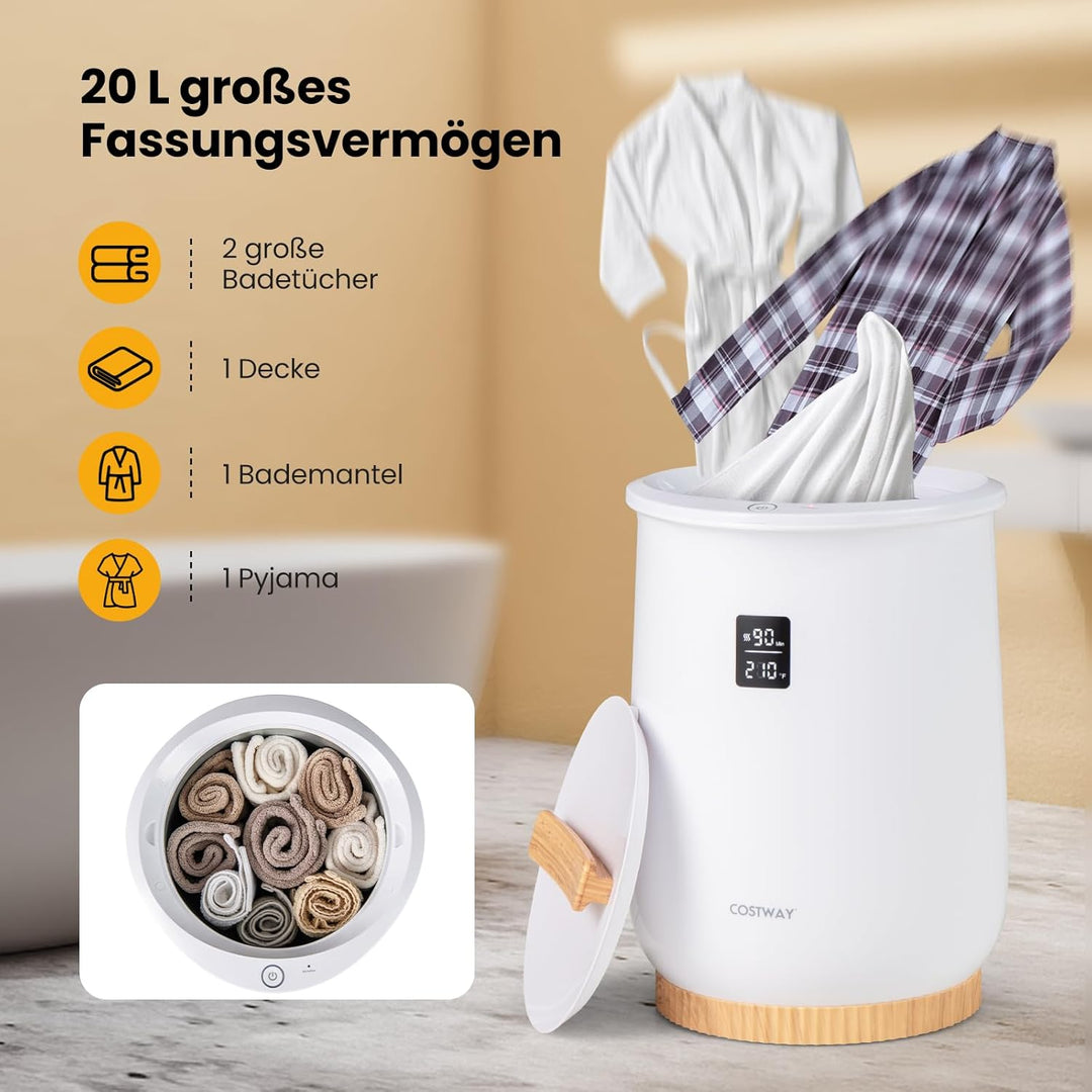 COSTWAY 20L Handtuchwärmer Eimer, Handtuchtrockner mit LED-Anzeige, 1-Knopf-Bedienung & Timer, Decke