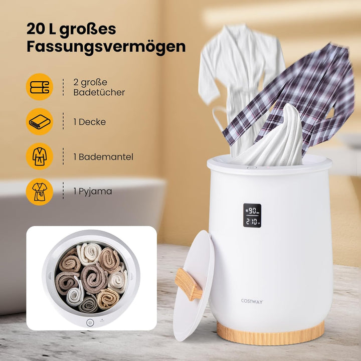 COSTWAY 20L Handtuchwärmer Eimer, Handtuchtrockner mit LED-Anzeige, 1-Knopf-Bedienung & Timer, Decke