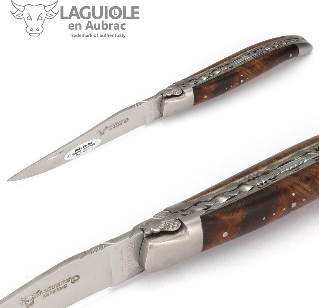 Laguiole en Aubrac - 12 cm Laguiole Taschenmesser - Doppelplatine - Griff Eisenholz - Messer Klinge