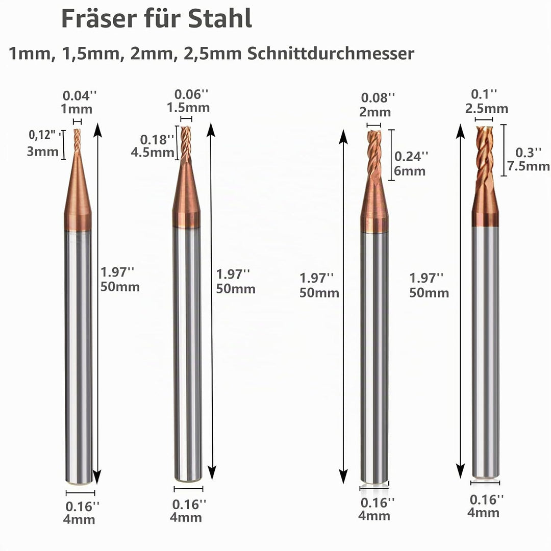 8 Stücke Fräser Schaftfräser Hartmetall 4-Flöte, 1-4mm CED TiSiN Coat Spiralfräser Bit VHM CNC Bohra