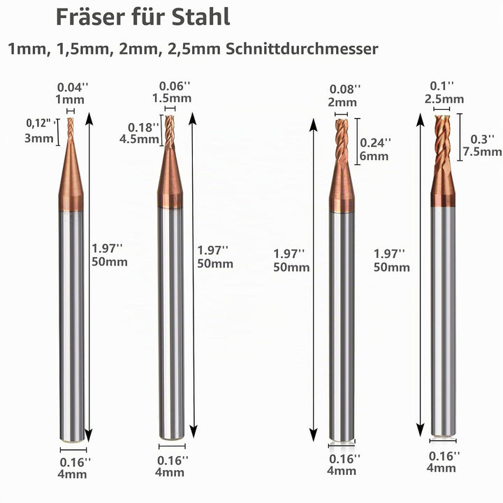 8 Stücke Fräser Schaftfräser Hartmetall 4-Flöte, 1-4mm CED TiSiN Coat Spiralfräser Bit VHM CNC Bohra