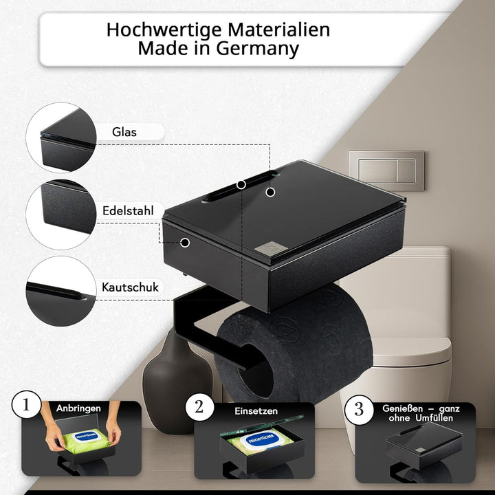 Toilettenpapierhalter mit Feuchttücherbox - Gehäuse Schwarz & Abdeckung Glas Schwarz- befüllbar von