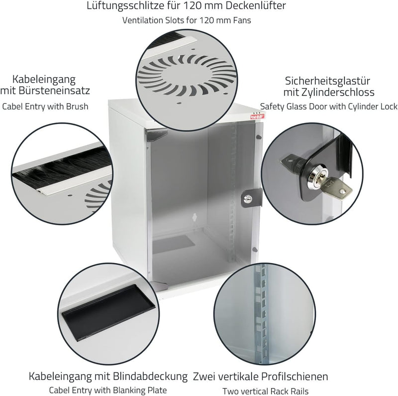 HMF 63409-07 Netzwerkschrank, Serverschrank 10 Zoll | 9 HE | 300 mm Tiefe | Voll montiert | Glastür