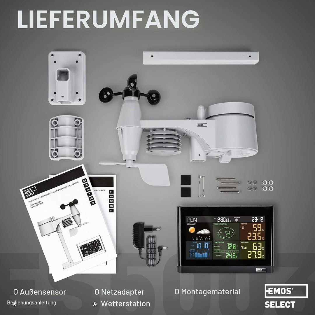 EMOS Wetterstation mit Windmesser und Regenmesser- System mit Farbdisplay, zur Wettervorhersage, für