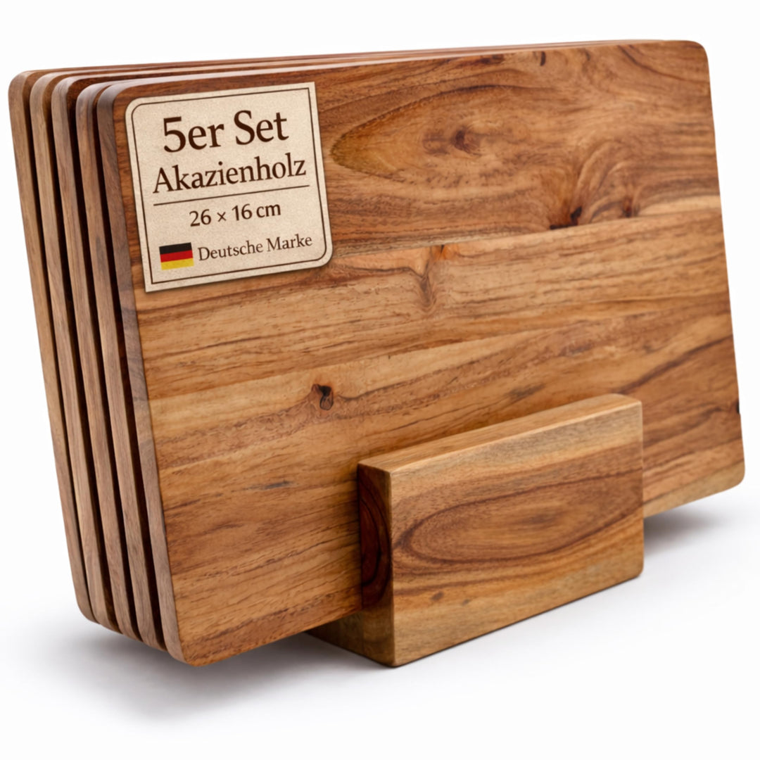Frühstücksbrettchen Holz Set (5er) aus Akazie mit Ständer – kleine Schneidebretter 26×16 cm für Küch