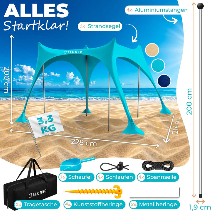 ELONEO Strandzelt, Sonnensegel Strand 228x214x200 cm, LSF 50+, Sonnenschutz für Strand mit Sandschau