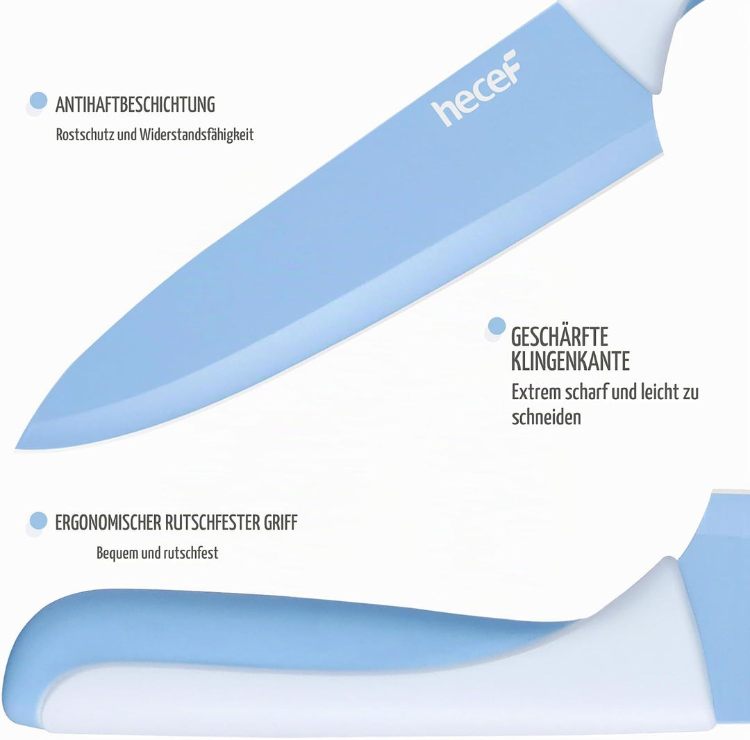 hecef 14-teilig Messerblock mit Messer, Blau, Antihaft-Beschichtung – Spülmaschinenfest, Messerblock