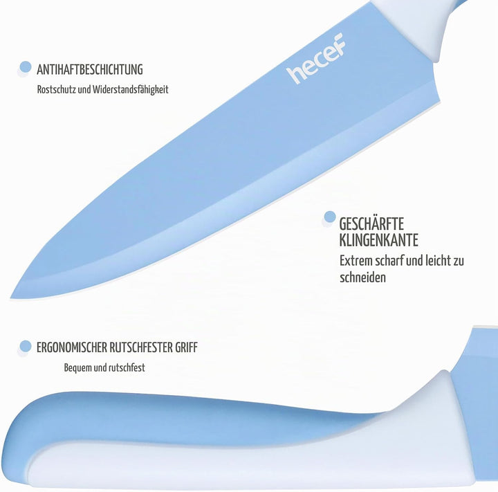 hecef 14-teilig Messerblock mit Messer, Blau, Antihaft-Beschichtung – Spülmaschinenfest, Messerblock