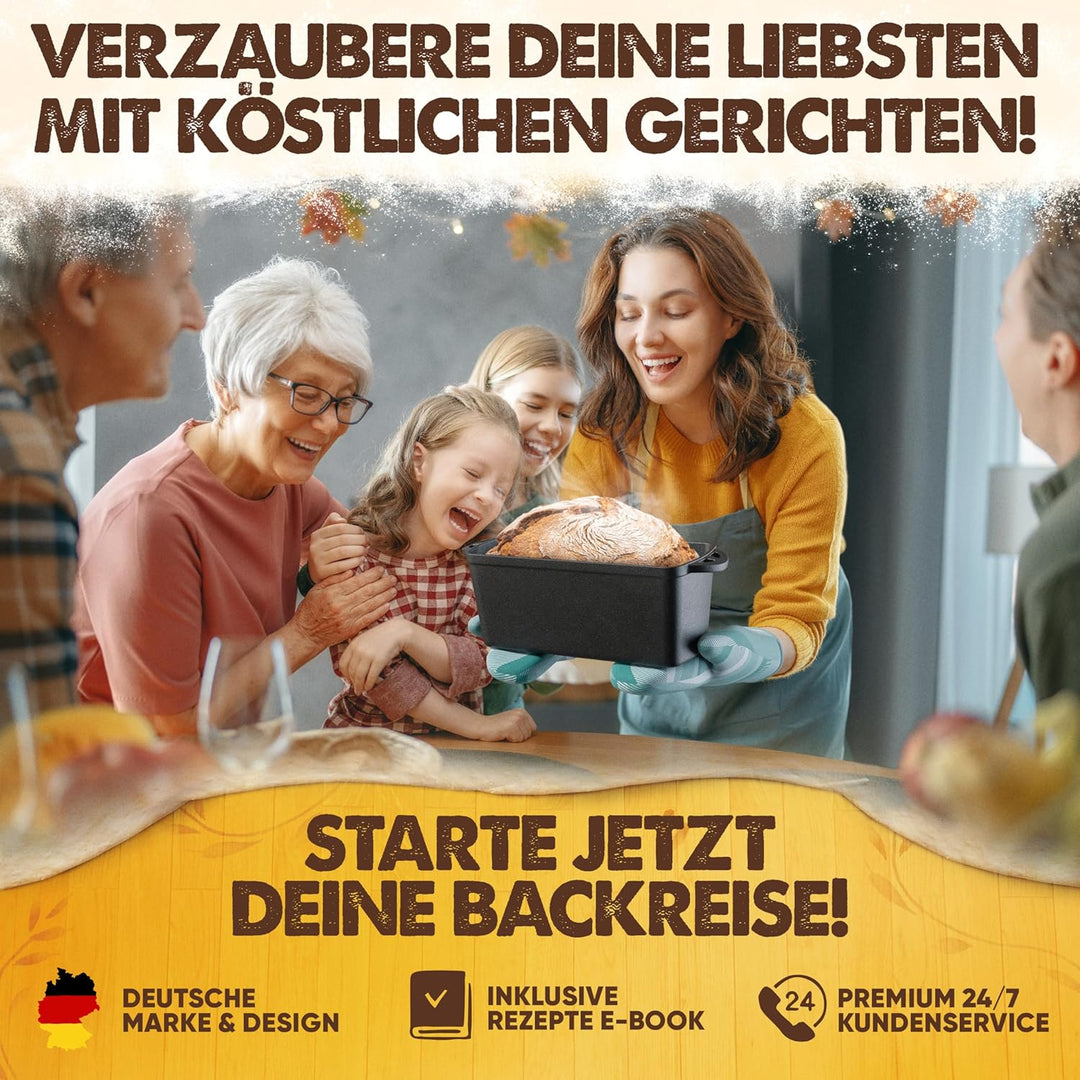 Flavemotion Brotbackform mit Deckel – Komplett-SET (Gärkörbchen, Bäckermesser, Teigkarte, Starter-Re