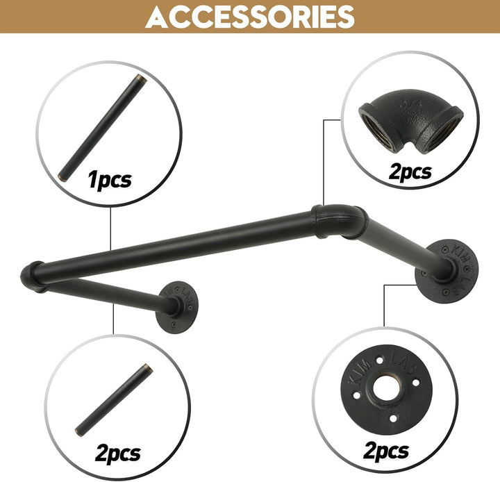 AddGrace Industrielle Rohr-Kleiderständer, 2 Stück, 52 cm, strapazierfähig, Wandmontage, schwarzes E