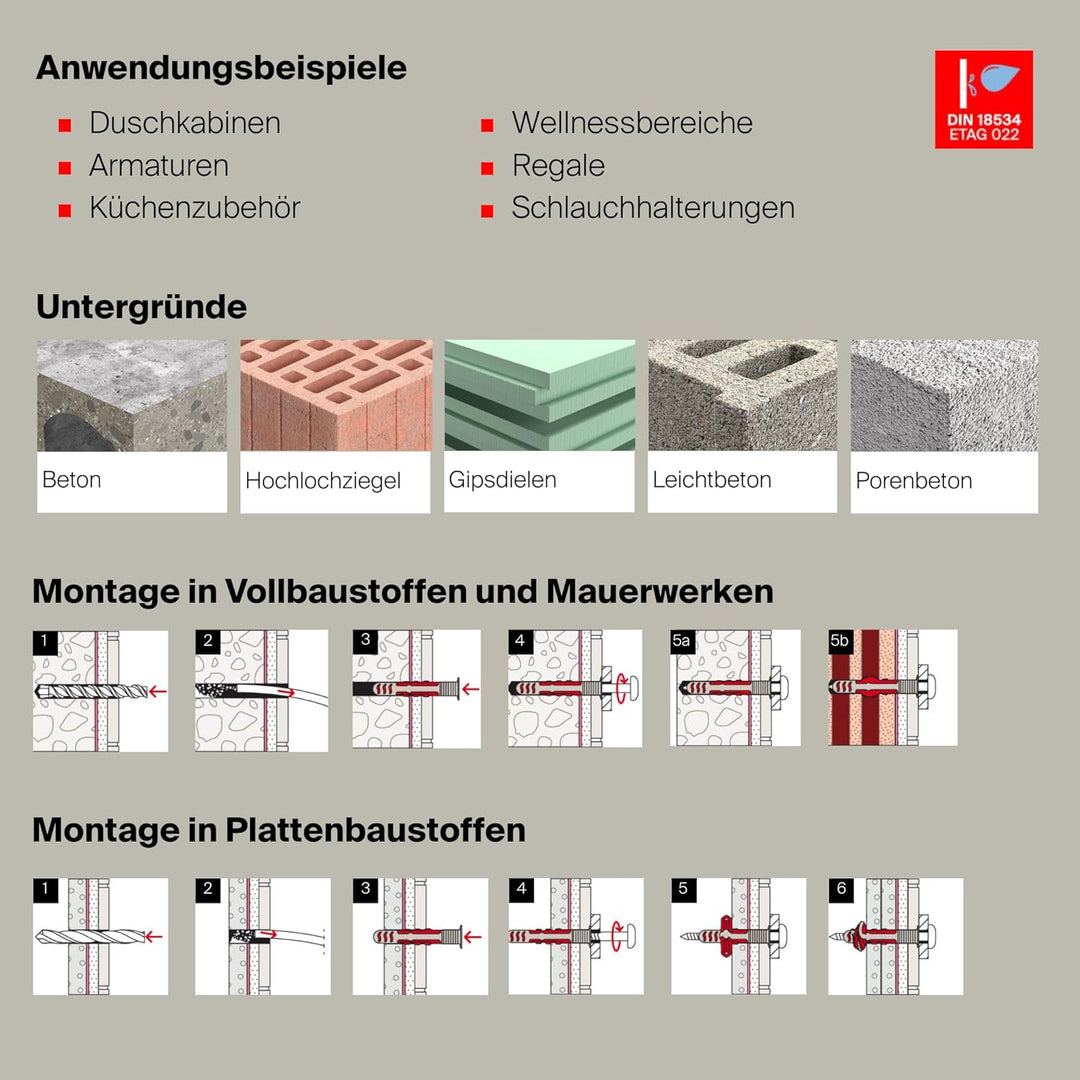 fischer DuoSeal 6 x 38 S, Universaldübel für Nassbereiche (50 Stk.) mit Schrauben, leistungsstarke D