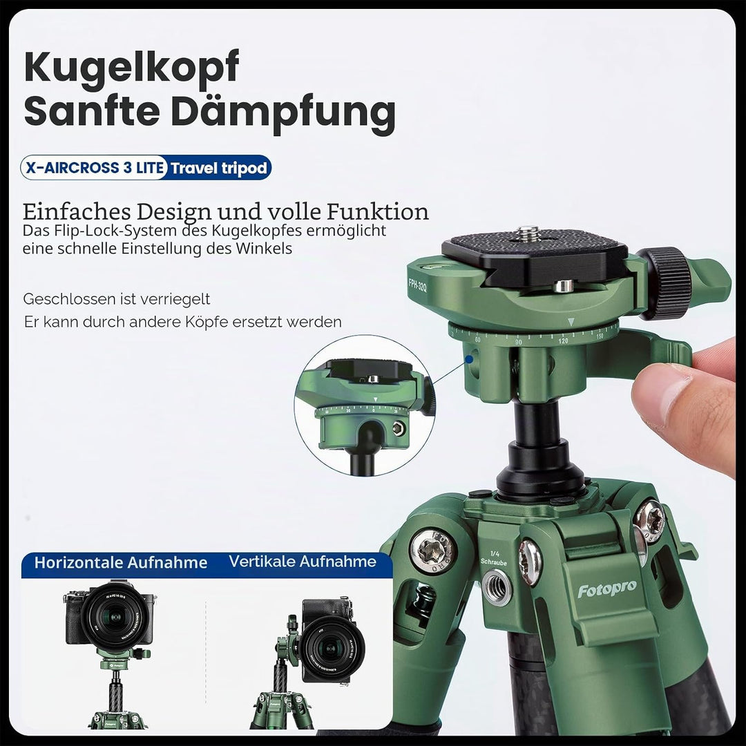 Fotopro Kohlefaser-Stativ 130 cm 360 Grad Kugelkopf, Schnellwechselplatte, leichtes Kamerastativ für