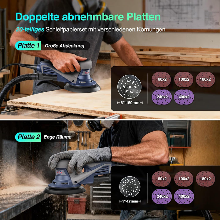 Bürstenloser Exzenterschleifer mit 125mm/150mm Schleifteller, 350W Schleifmaschine für Holz mit 20 S