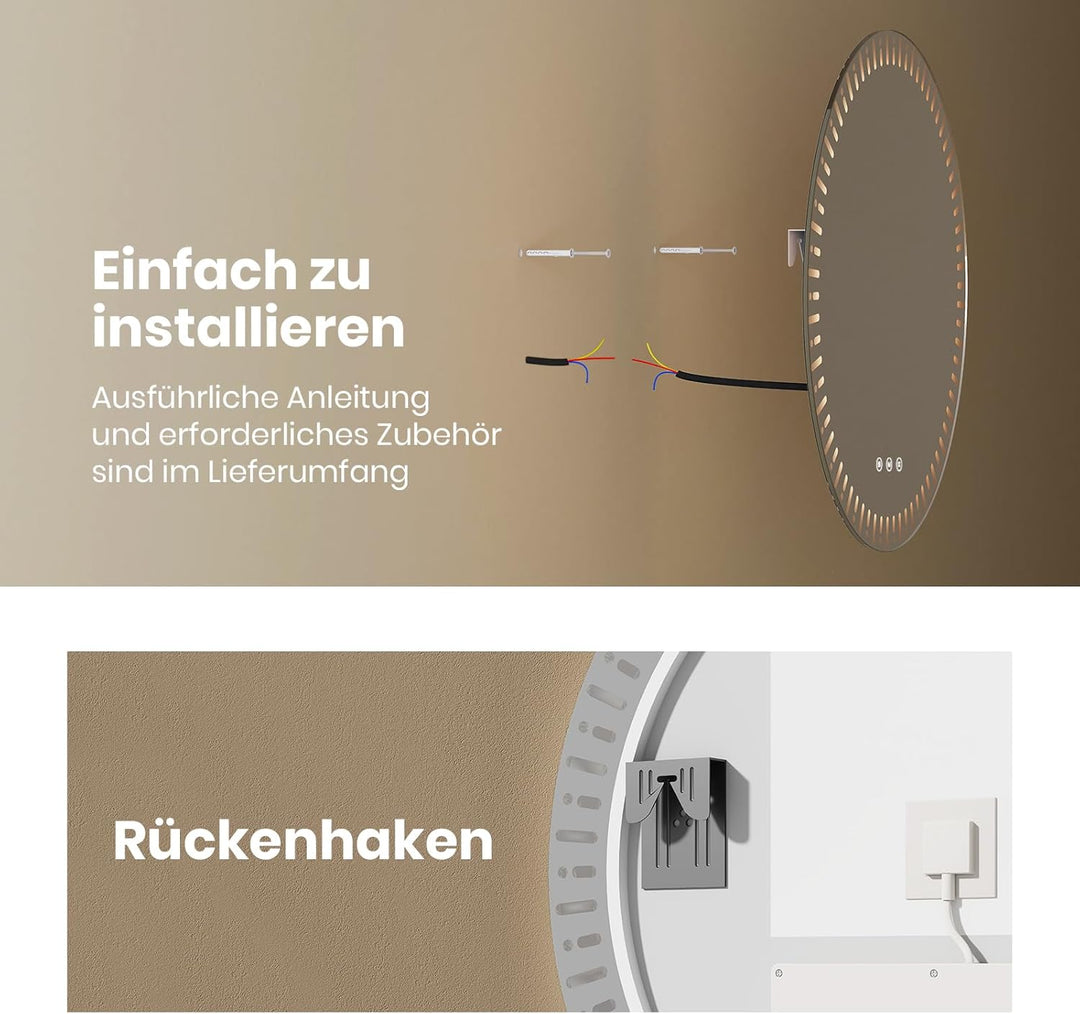 EMKE Runder Spiegel mit Beleuchtung, 70 cm, Badezimmerspiegel mit 3 Lichtfarben, dimmbar, beschlagfr