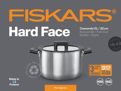 Fiskars Kasserolle mit Deckel, Ø 22 cm, Füllmenge: 5 Liter, Für alle Kochfelder geeignet, Rostfreier