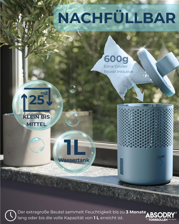 ABSODRY duo family Luftentfeuchter für 25m2 Entfeuchter 600 g Granulat-Beutel, 1000 ml leise ohne St