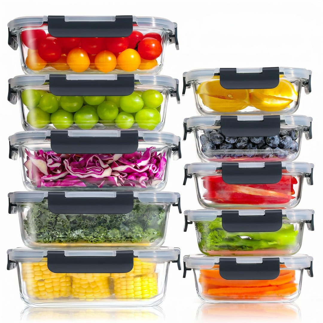 YASHE Glasbehälter mit Deckel, 10 Teile Stapelbar & Luftdicht Meal Prep Boxen Glas für Spülmaschine,