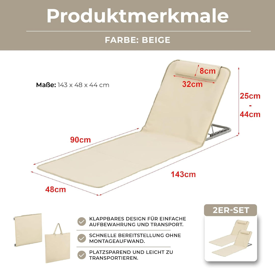 [en.casa] Strandmatte Donostia 2er Set Sonnenmatte klappbar Beige Strandliege mit Verstellbarer Rück