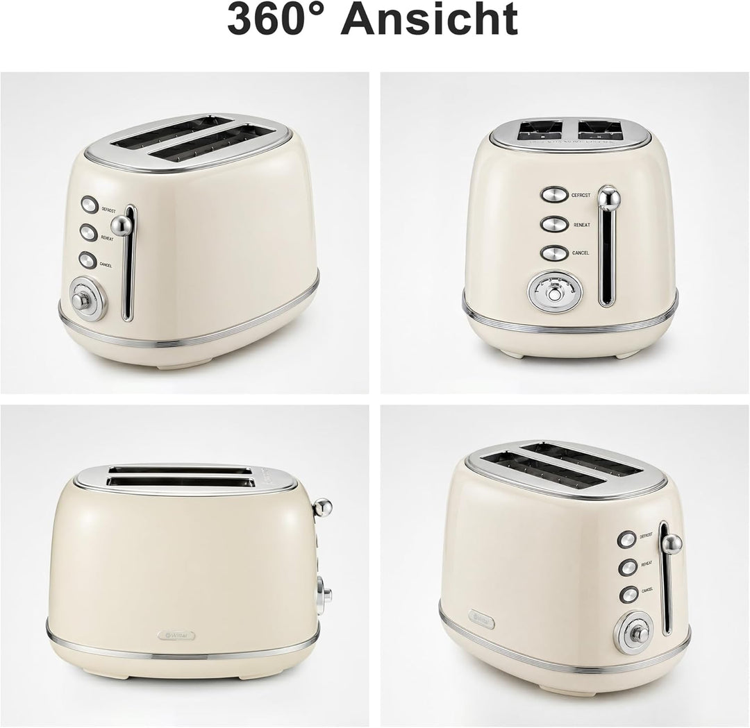 Retro Toaster 2 Scheiben Edelstahl – Brötchenaufsatz, 6 Röststufen, Vorheiz- und Auftaufunktion, Abs