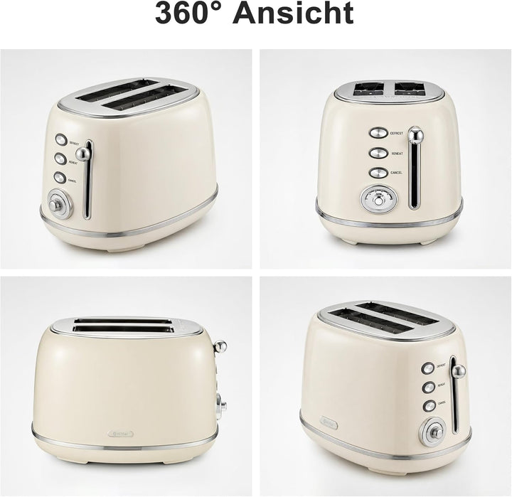 Retro Toaster 2 Scheiben Edelstahl – Brötchenaufsatz, 6 Röststufen, Vorheiz- und Auftaufunktion, Abs