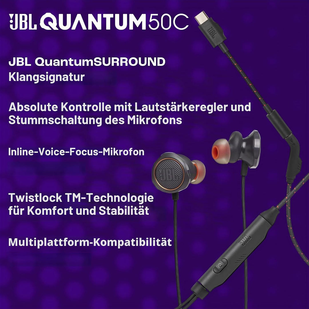 JBL Quantum 50C, kabelgebundenes In-Ear-USB-C-Gaming-Headset mit JBL QuantumSURROUND Sound, Multi-Pl