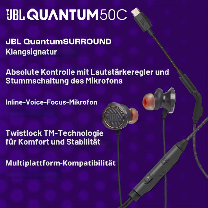 JBL Quantum 50C, kabelgebundenes In-Ear-USB-C-Gaming-Headset mit JBL QuantumSURROUND Sound, Multi-Pl