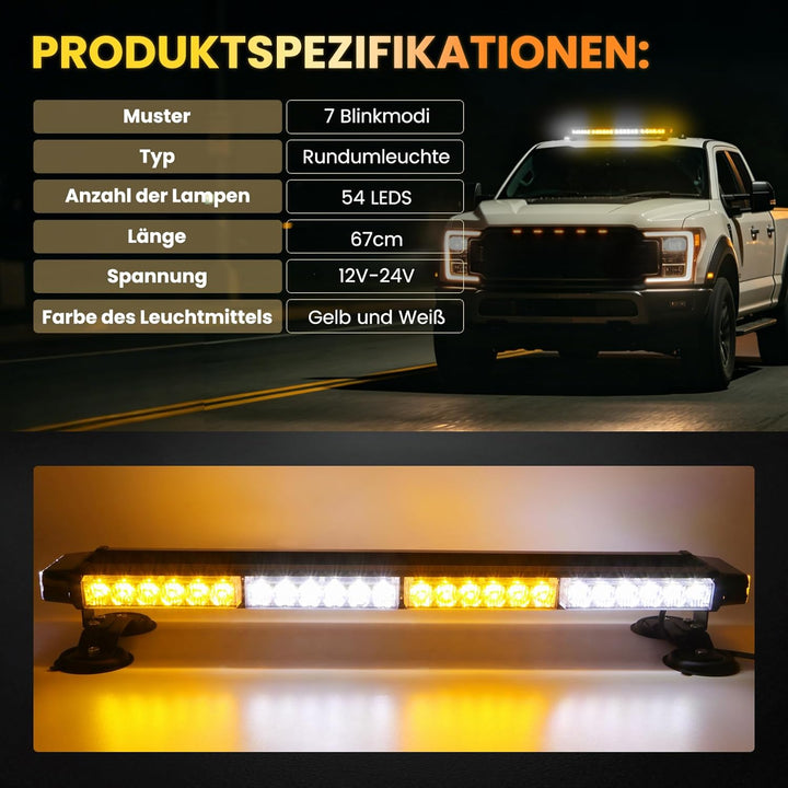 67cm 54 LED Rundumleuchte Blinklicht -7 Modi 12/24V Blitzleuchte Amber Warnleuchte Magnetische Notfa