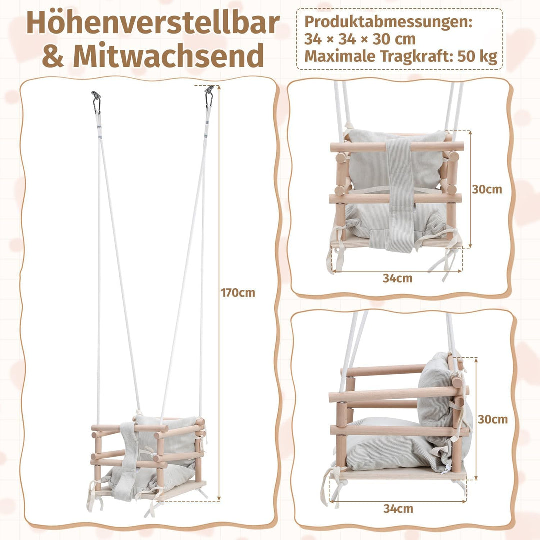 Babyschaukel Indoor &amp; Kinderschaukel Outdoor 3-in-1 aus Holz, Höhenverstellbar (160-260cm) mit Abneh