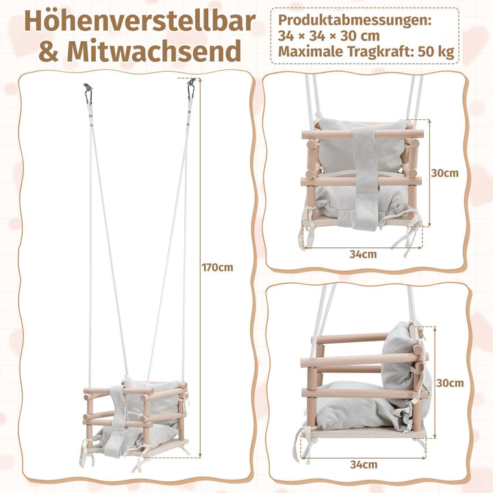 Babyschaukel Indoor &amp; Kinderschaukel Outdoor 3-in-1 aus Holz, Höhenverstellbar (160-260cm) mit Abneh