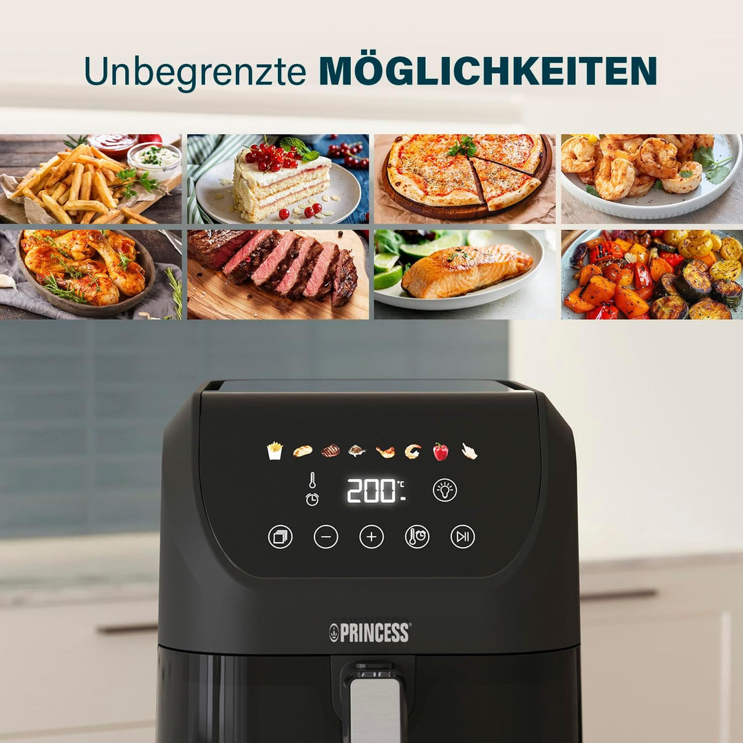 Princess Slim Airfryer 5L - 1500 W - leiser Betrieb (55 db) - Platzsparendes Design - Ölfrei - 8 Koc