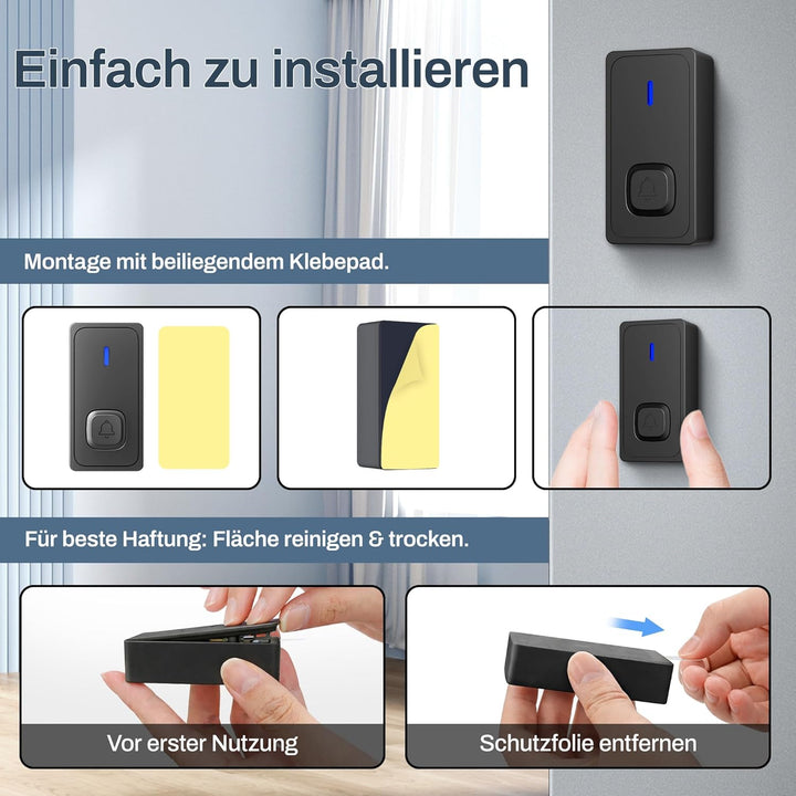 HBN Funkklingel mit 2 Empfängern, Kabellose Türklingel Funk Set, grosse Reichweite Türklingel mit Ba