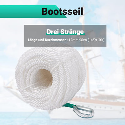 CarBole Tauwerk für Boote,Bootsseil,Nylon Seil,1/2" x100' (12mm*30m),Festmacherleine,Camp Seil,Weit