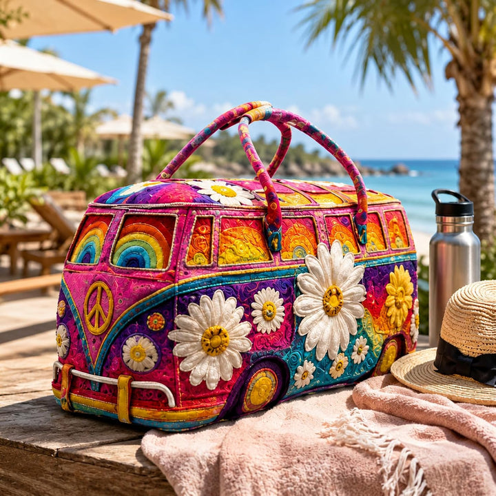 Hippie Van Quilted Duffle Bag – Boho Wochenendtasche - Bus Design Handliche Reisetasche Damen Weeken