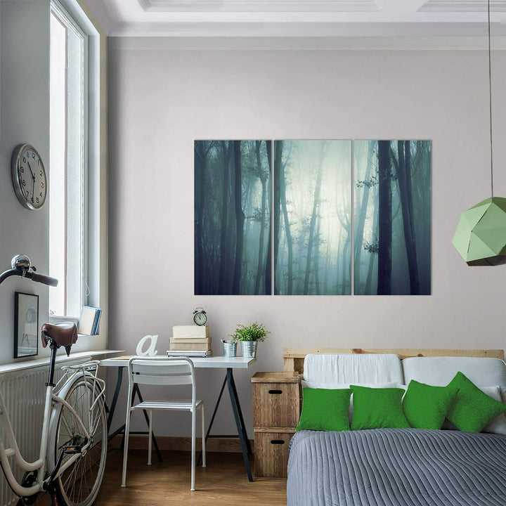 Runa Art Wandbilder Wald Nacht Bild XXL Schlafzimmer Wohnzimmer Türkis Nebel 120 x 80 cm 3 Teilig 01