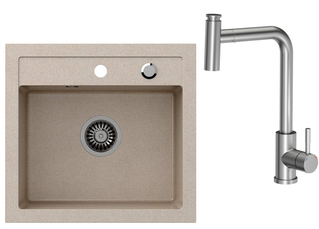 VBChome Spülbecken mit Armatur 50 x 47 cm Beige Granit Spüle Einzelbecken Küche Einbauspüle Verbunds