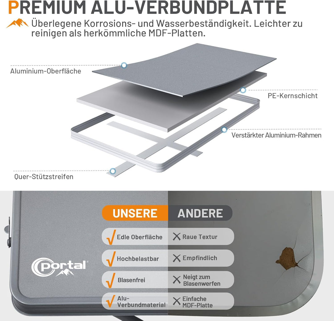 Portal Campingtisch faltbar 120x60cm extra grosse Tischplatte Aluminium Höhenverstellbar Klapptisch