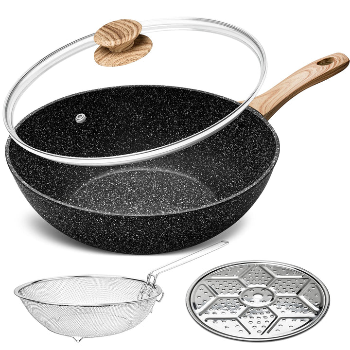 MICHELANGELO Induktion Wokpfanne 28cm mit Deckel, Wok mit Deckel 28cm, Spülmaschinenfest Antihaft Wo