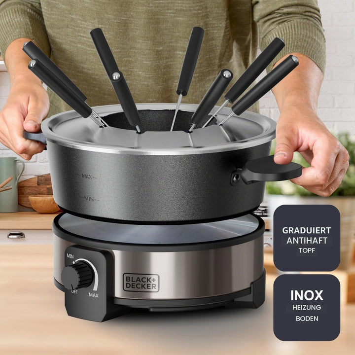 Black+Decker - Elektrisches Fondueset BXFC1000E | 1000W | Thermostat bis 200°C | 2L Fassungsvermögen