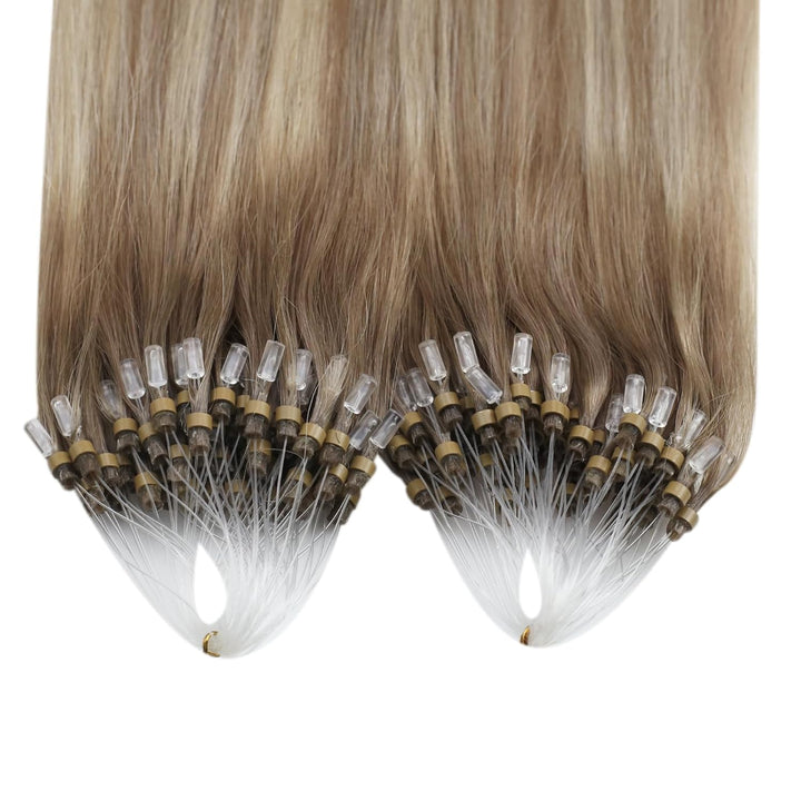 Ugeat 50cm Micro Loop Extensions Echthaar Balayage 9A/60/9A Hellbraun mit Platinblond Echthaar Verlä